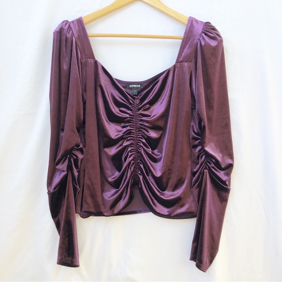 EXPRESS | LARGE DARK PURPLE VELVET RUCHED LONG SLEEVED BLOUSE TOP - Picture 2 of 6